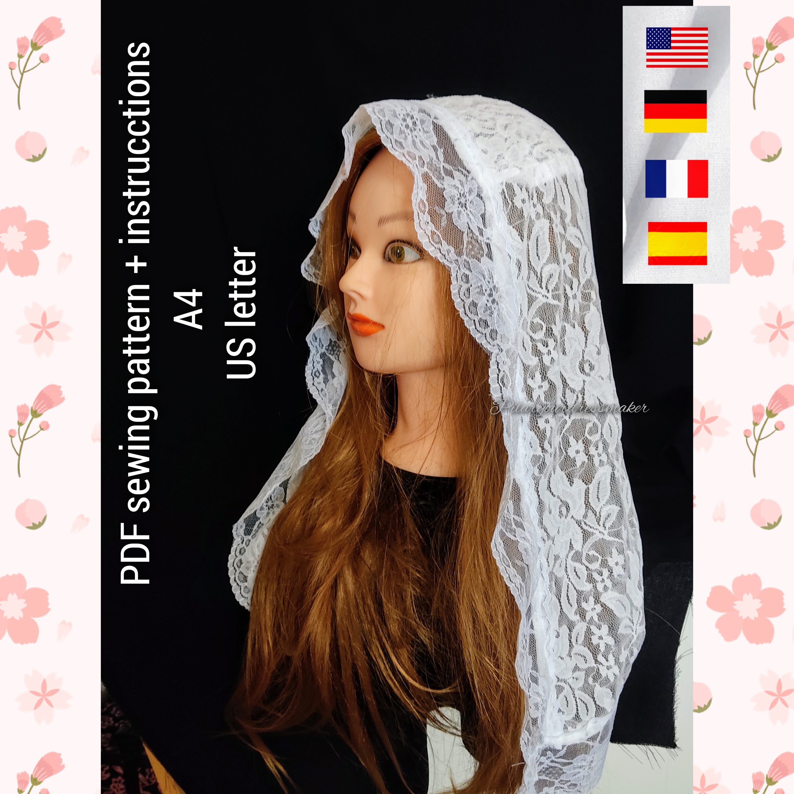 Bridal veil sewing pattern / one-size adult / A4 / US letter