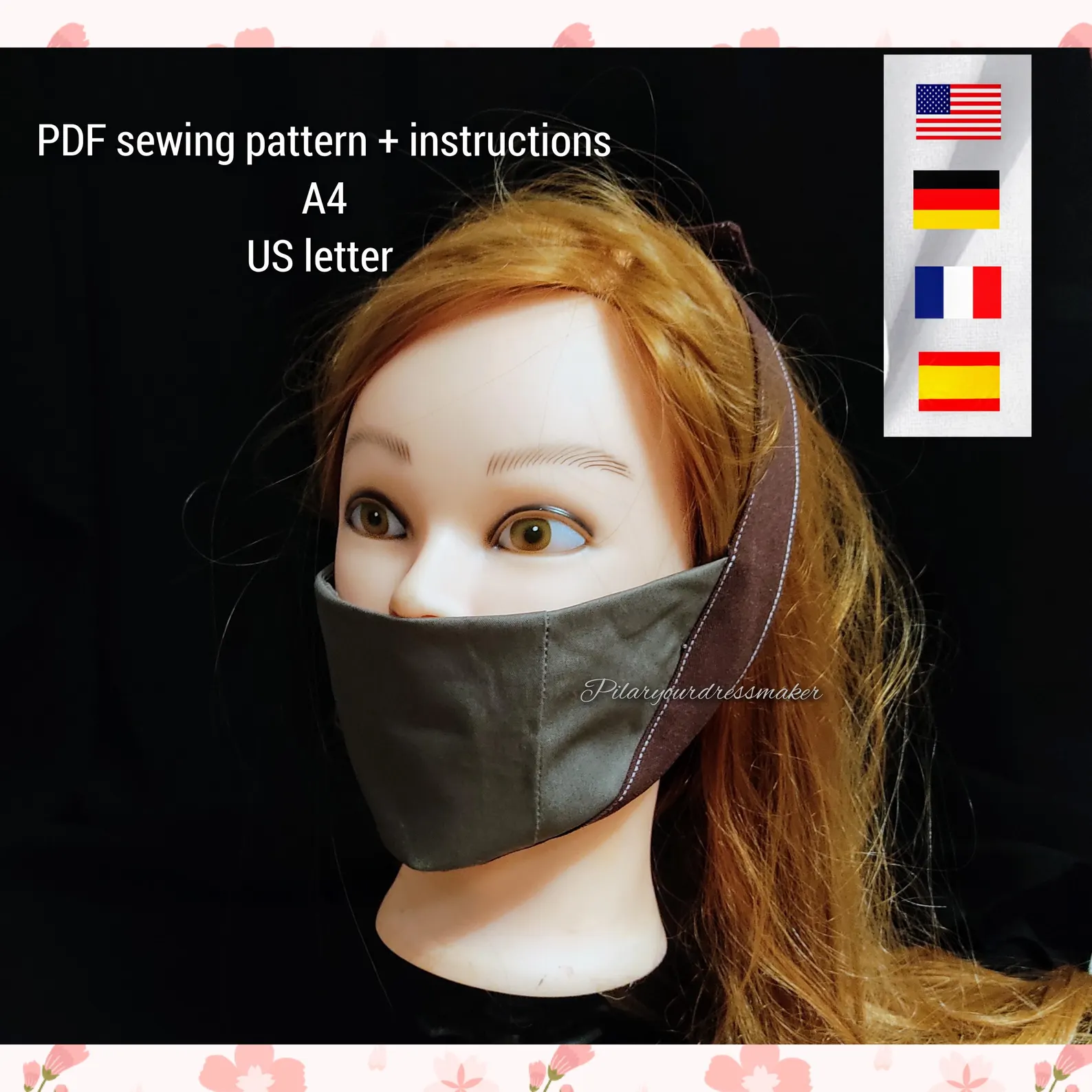 Mask sewing pattern / handmaid's mask pattern / adult size / A4 / US letter