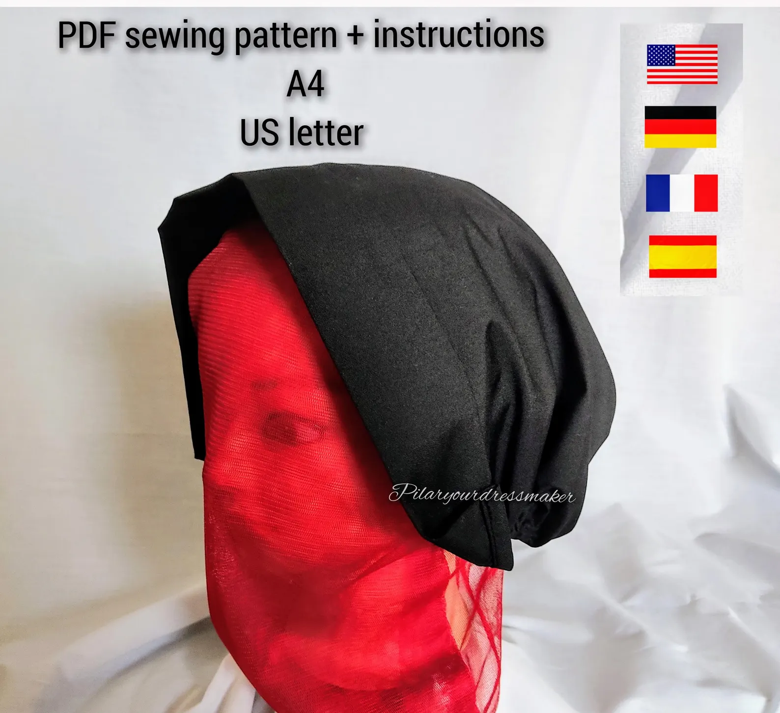 Handmaid's bonnet and coverhead pattern / adult size / A4 / US letter